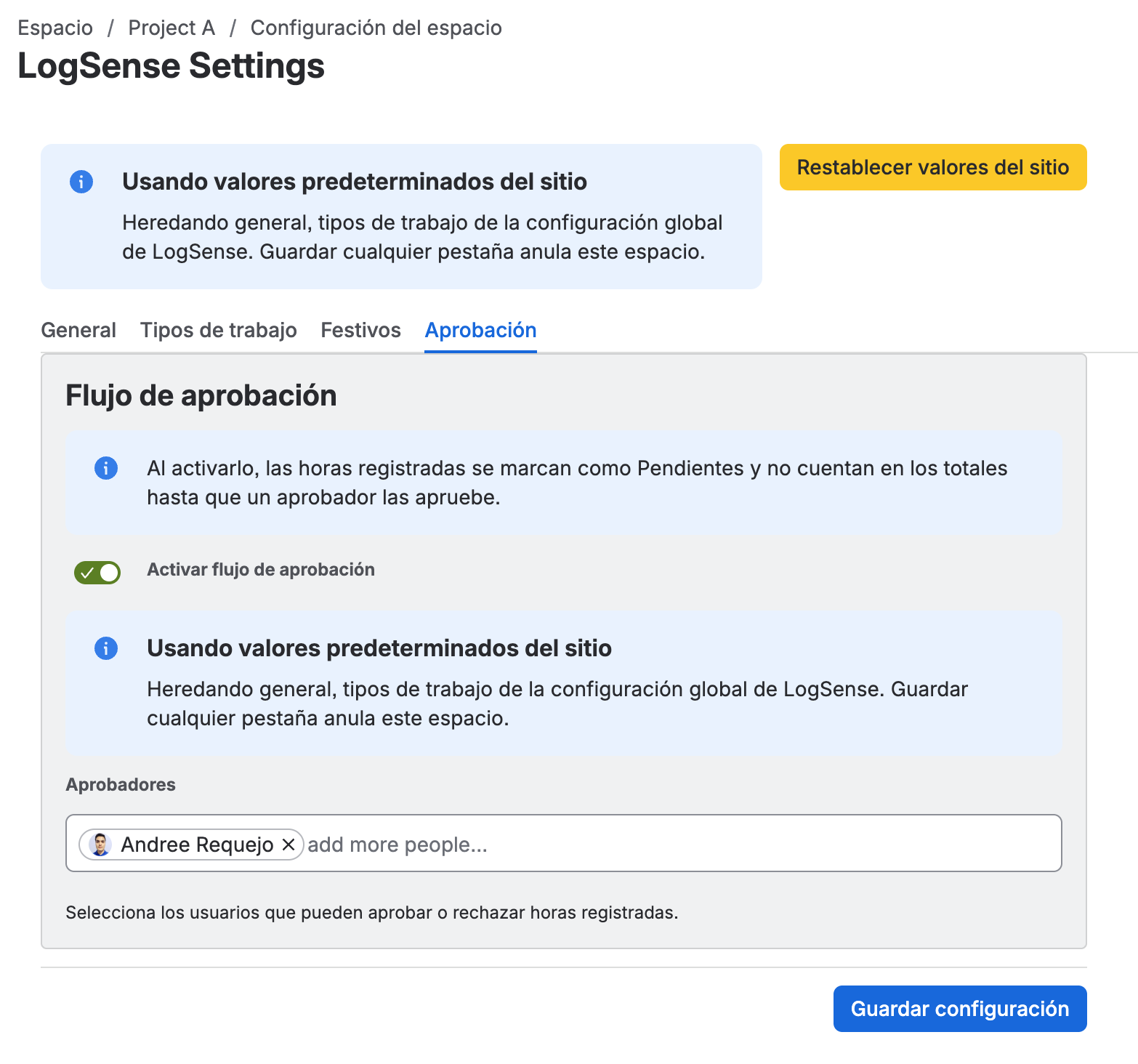 Pestaña Aprobación en LogSense Settings