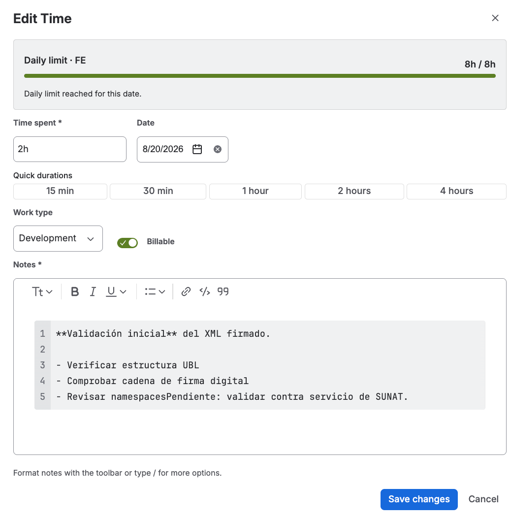 Worklog editing form