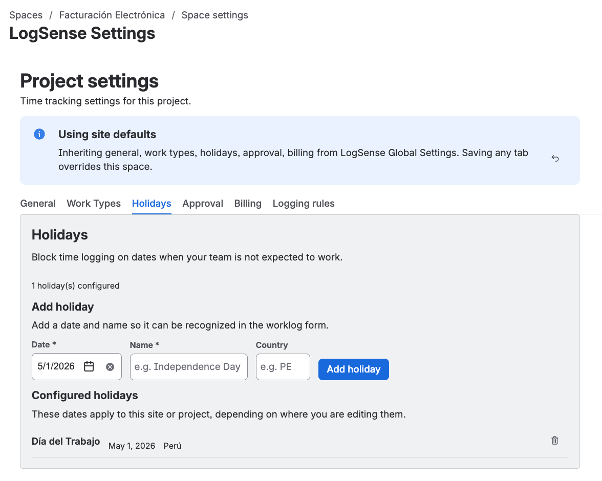Global settings β Holidays tab