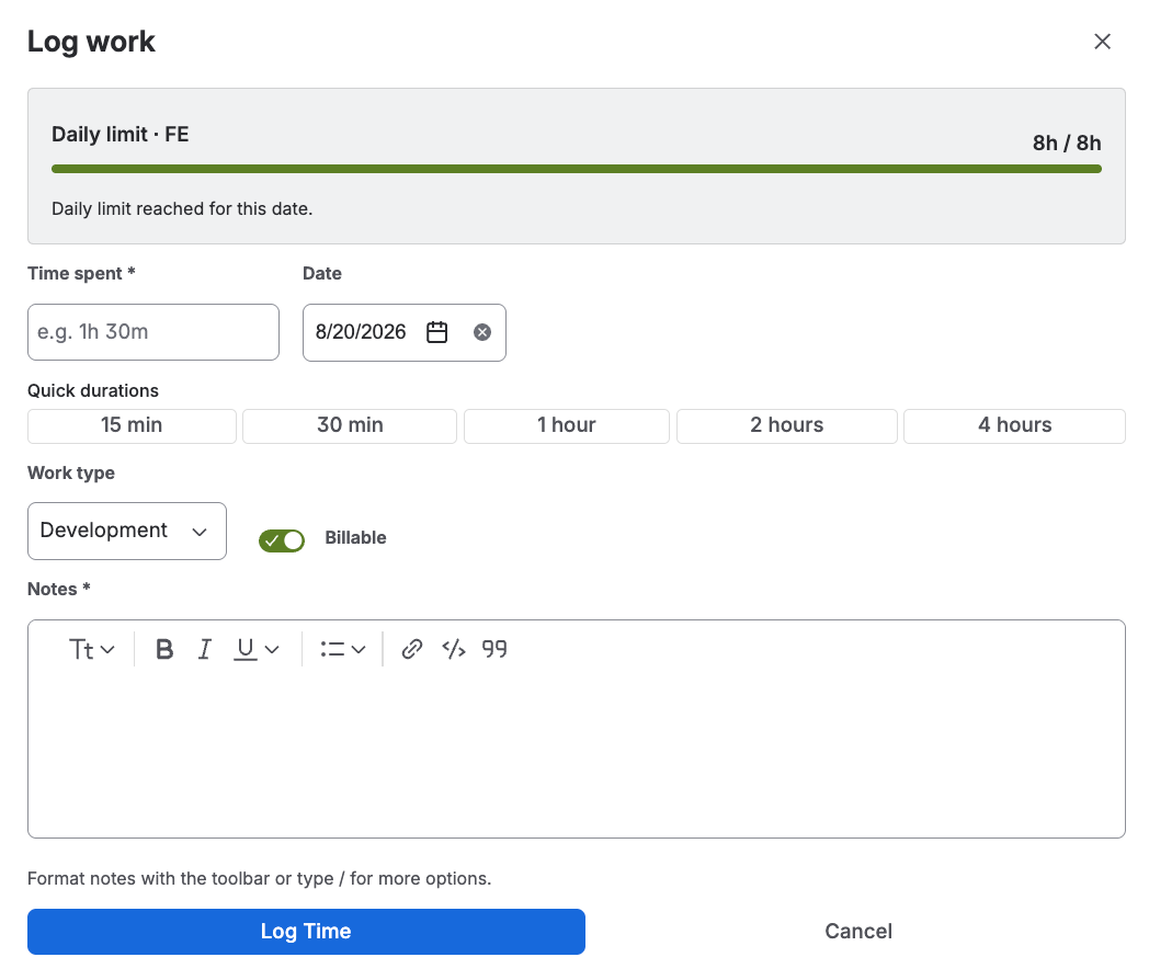 Log work modal with LogSense metadata