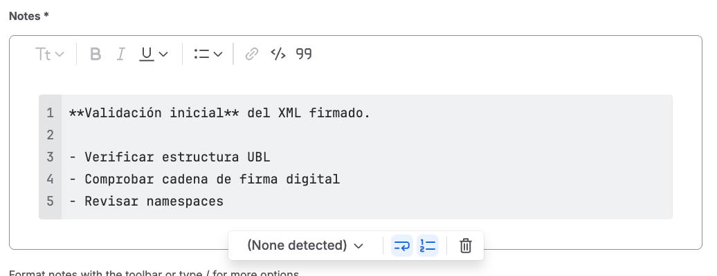 Notes editor with multiple lines and formatting