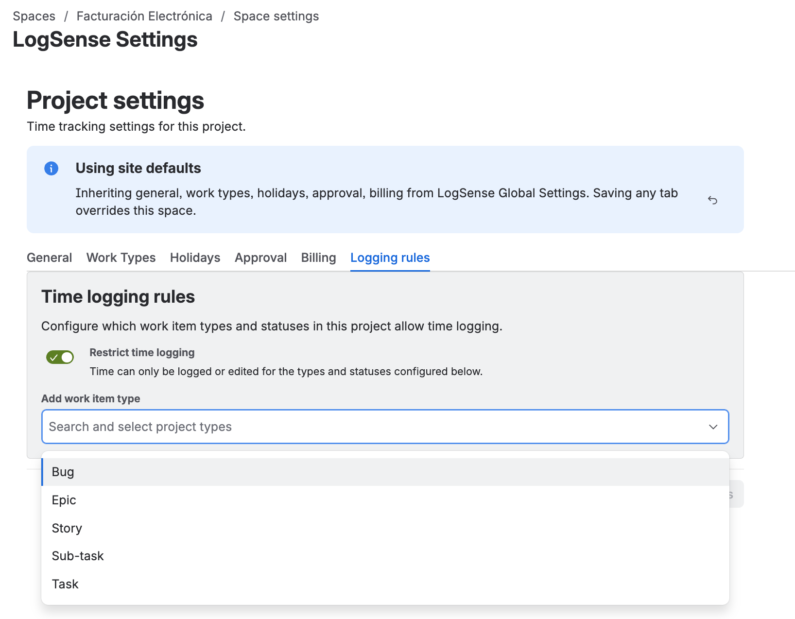Space LogSense Settings — Active work item types selector