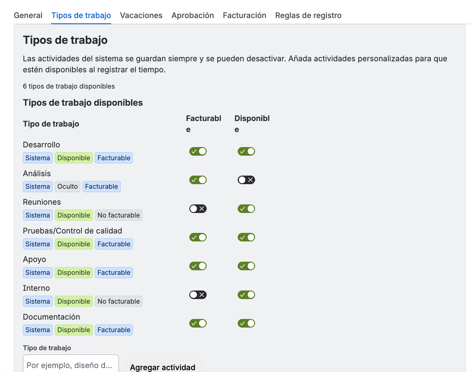 LogSense Settings — pestaña Work Types