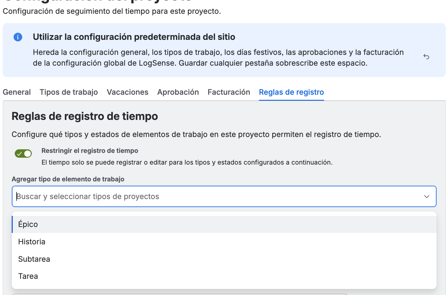 LogSense Settings del espacio — selector de tipos de work item activos