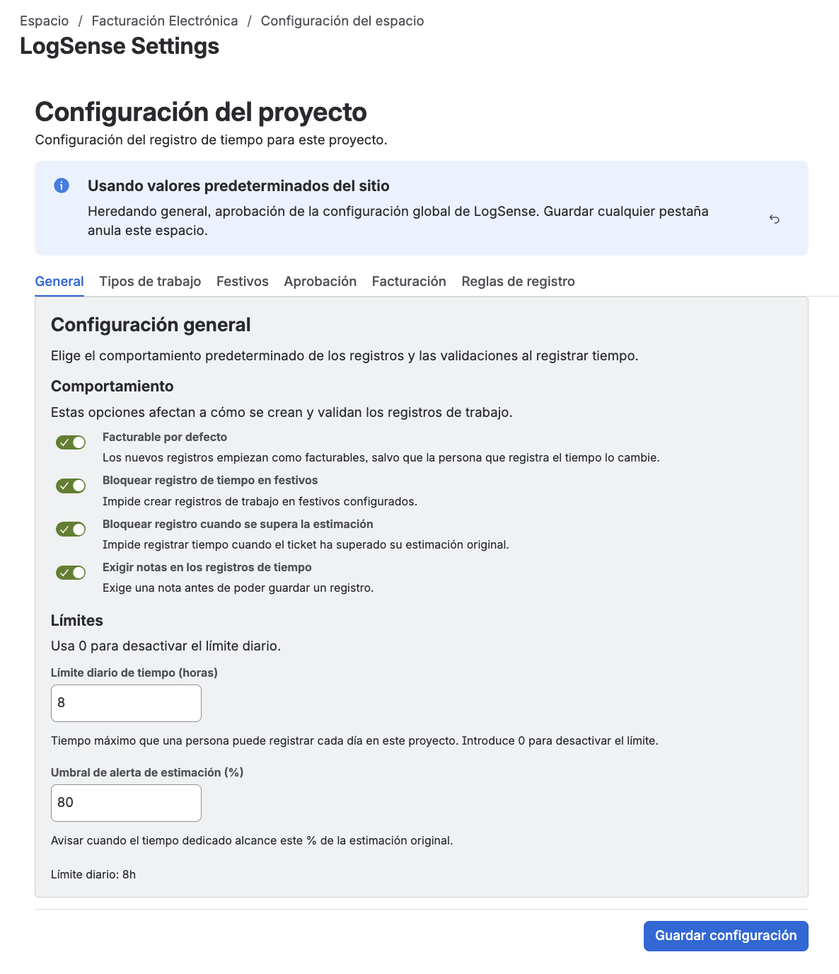 LogSense Settings del espacio — toggle Exigir notas